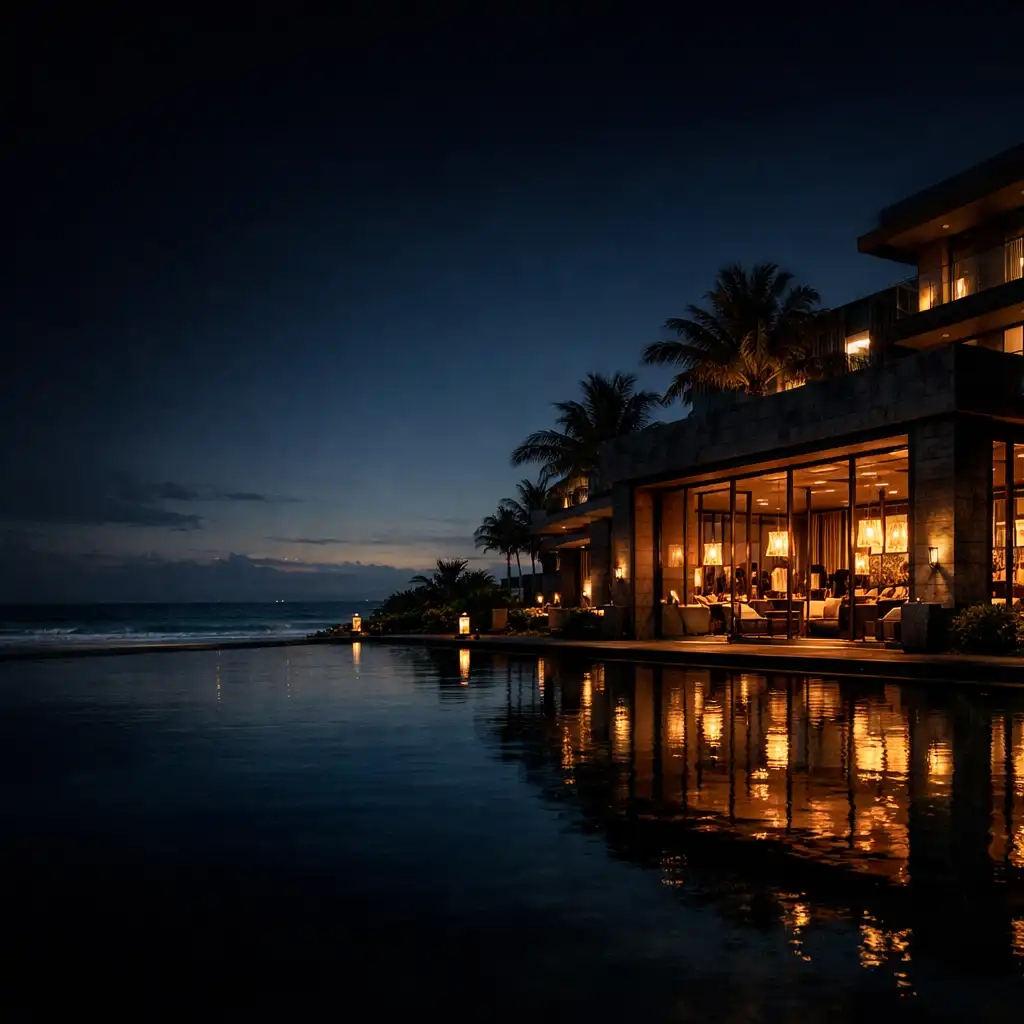 Bronze-lit Grandvelvetresort architecture beside a calm reflecting surface at blue hour