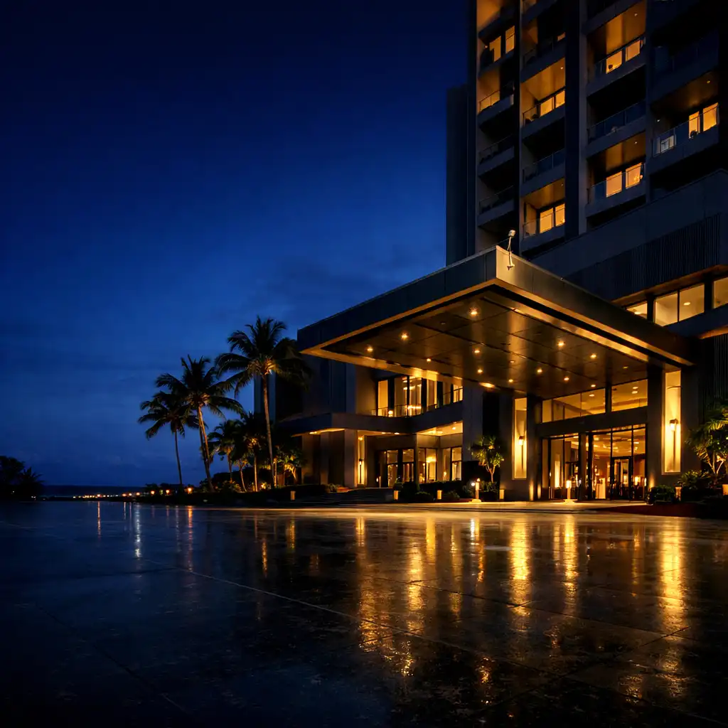Grandvelvetresort exterior arrival with warmly lit windows at blue hour on the Gold Coast