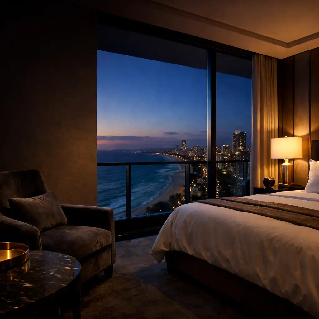 Luxury Grandvelvetresort suite interior at dusk with a coastal Gold Coast view