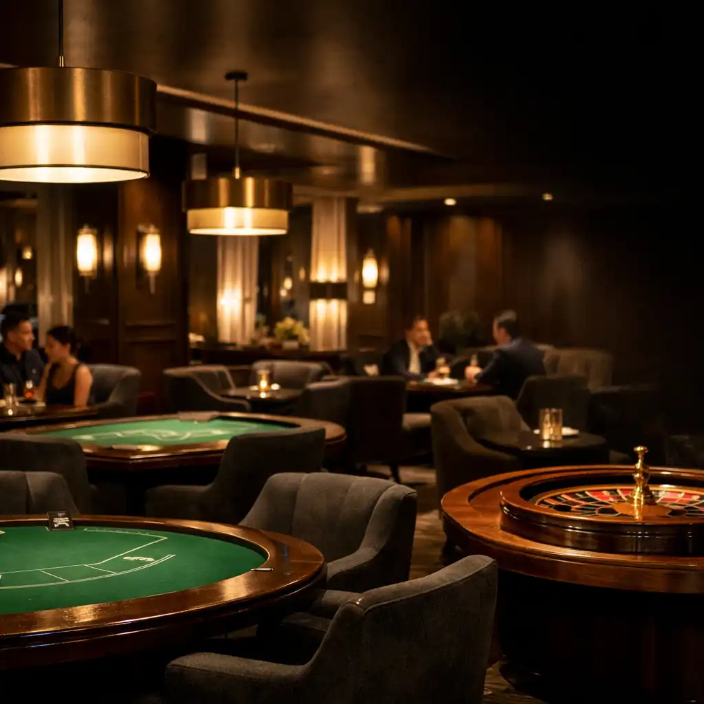 Refined land-based casino lounge with unoccupied physical roulette and card tables