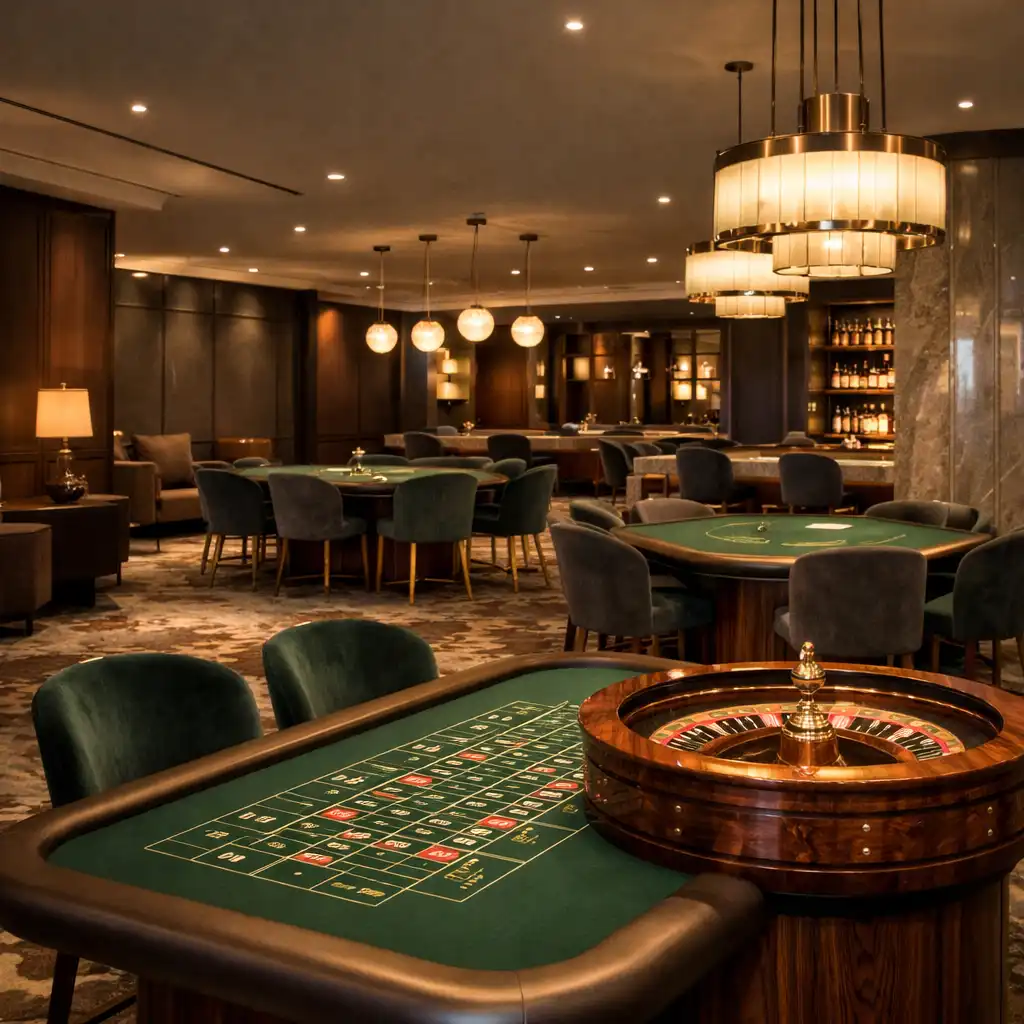 Elegant physical casino lounge with green tables and warm lighting at Grandvelvetresort