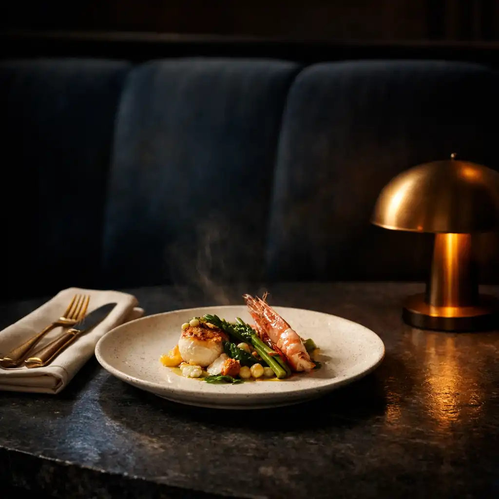 Elegant plated seafood course on a dark stone table in a softly lit resort restaurant