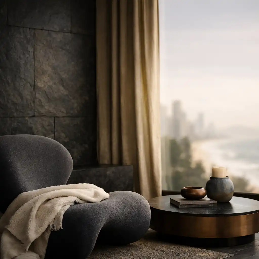 Sanctuary Suite sitting area with a sculptural chair, ivory throw, and velvet curtain