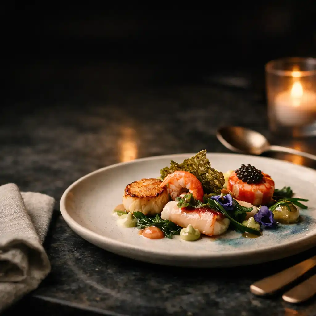 Close view of refined seafood presentation on a dark stone table with champagne-metal cutlery