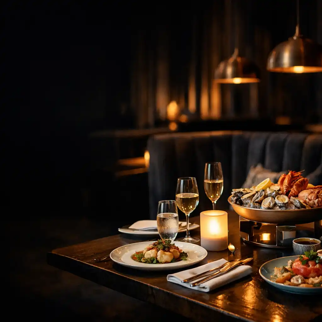 Arrival into the seafood restaurant, with elegantly set sit-down tables in warm light
