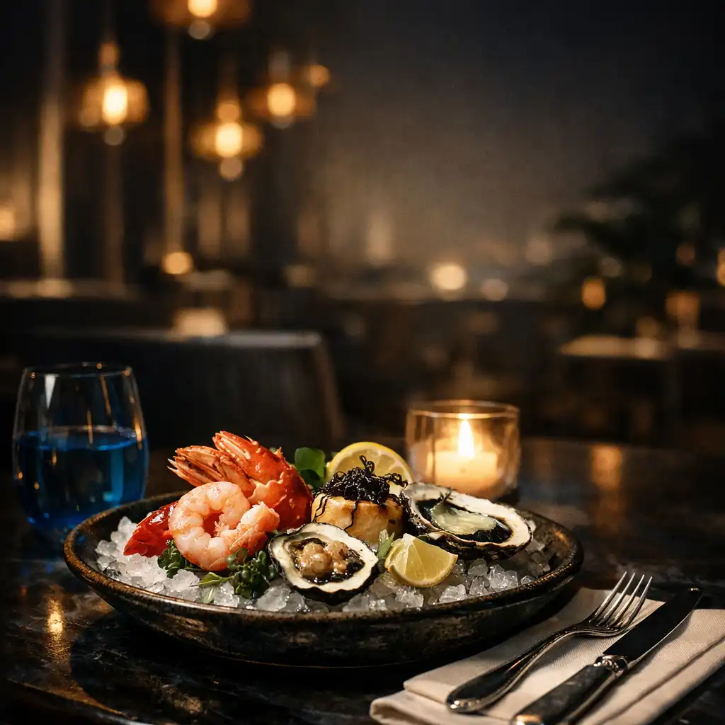 Elegant seafood dining table with linen, polished cutlery and warm evening light