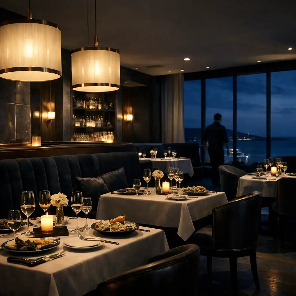 Dining room of the seafood restaurant after dusk, with velvet banquettes and warmly lit sit-down tables