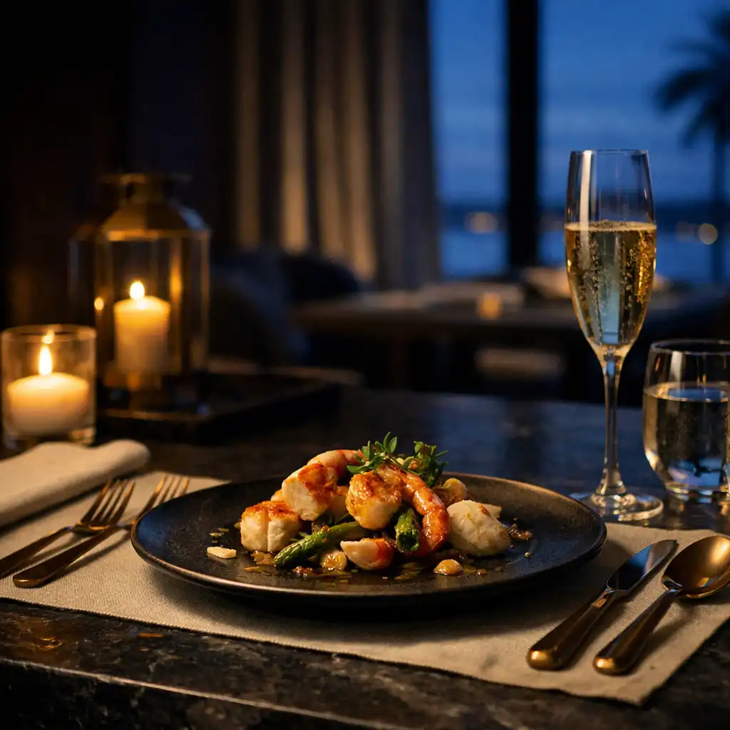Refined evening table setting in the seafood restaurant at Grandvelvetresort