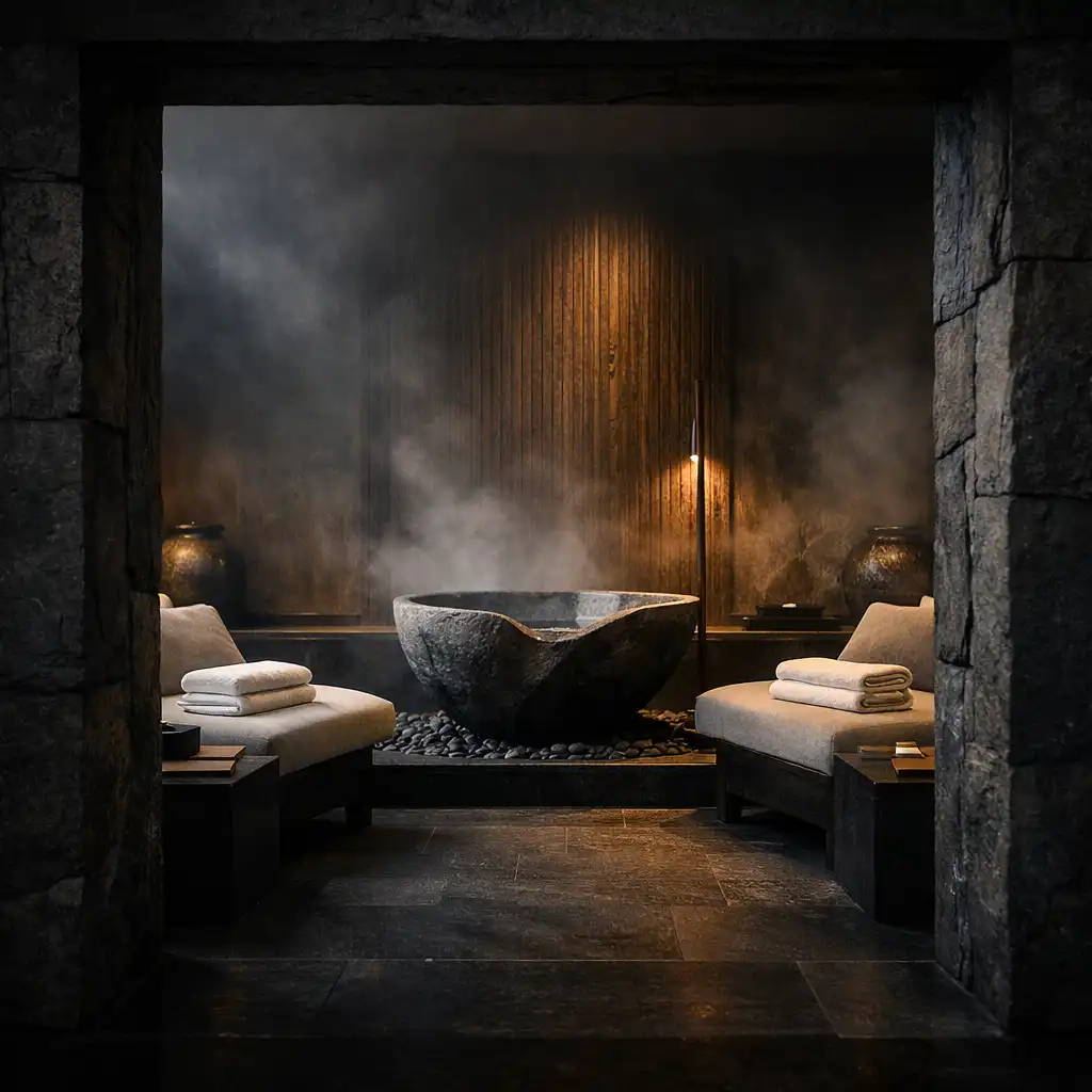 Quiet resort spa sanctuary with dark stone, folded towels and gentle steam
