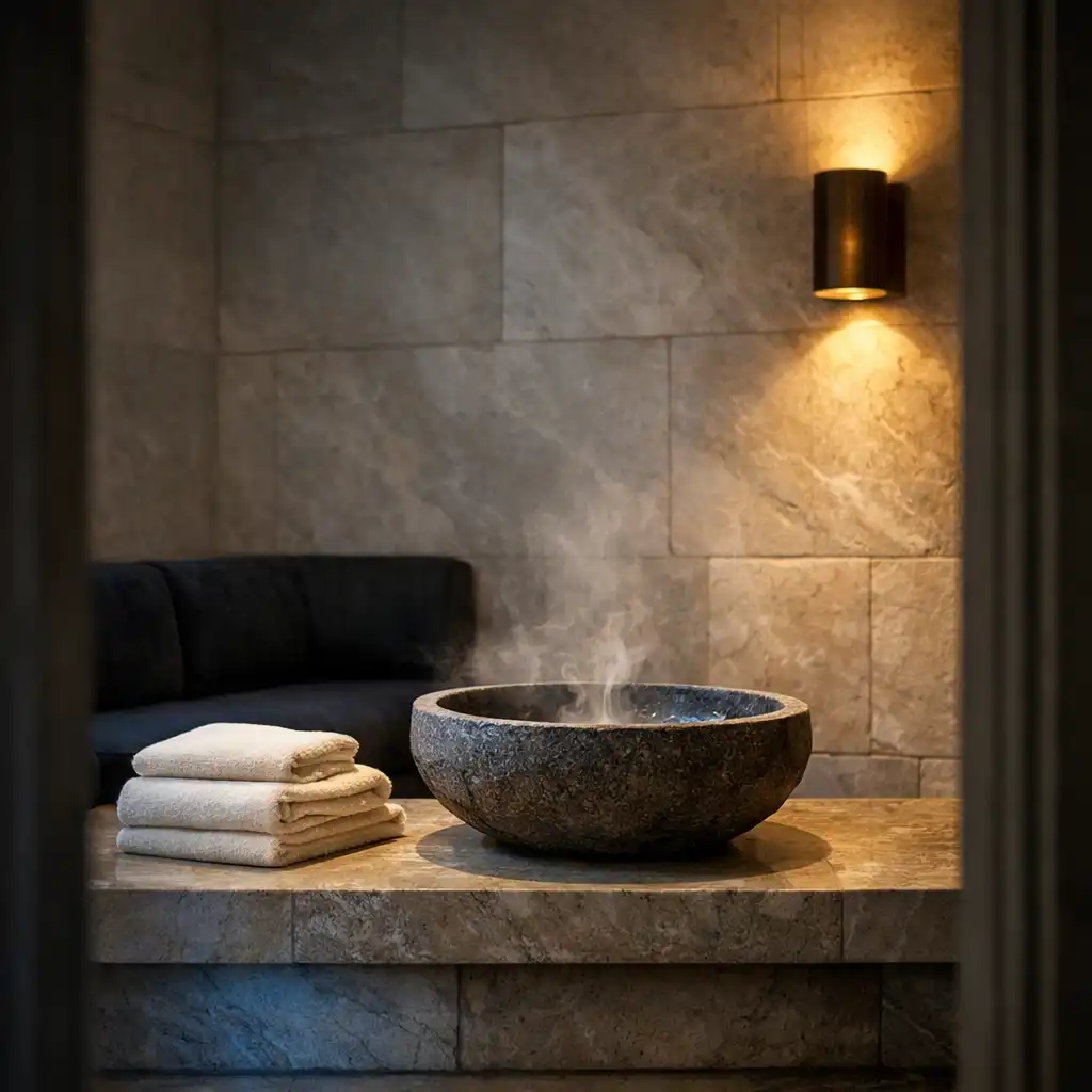 Stone basin, folded ivory towels and a charcoal velvet bench in a serene spa sanctuary