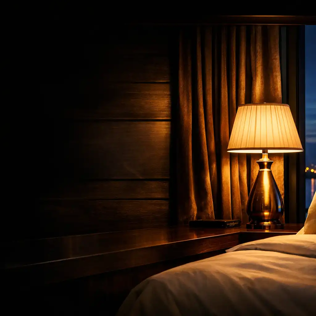 Velvet drapery, bronze lamp, ivory bedding, and charcoal timber inside a suite at dusk