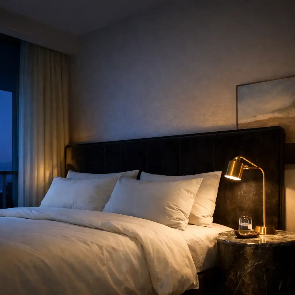 Velvet King Suite bedroom with ivory linen, a dark velvet headboard, and warm reading light