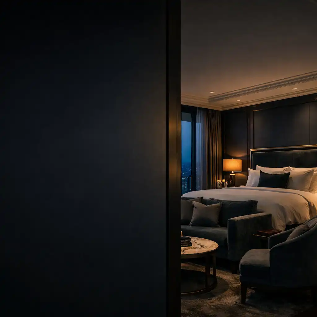 Warmly lit Velvet Suite interior with a softly made bed and velvet seating