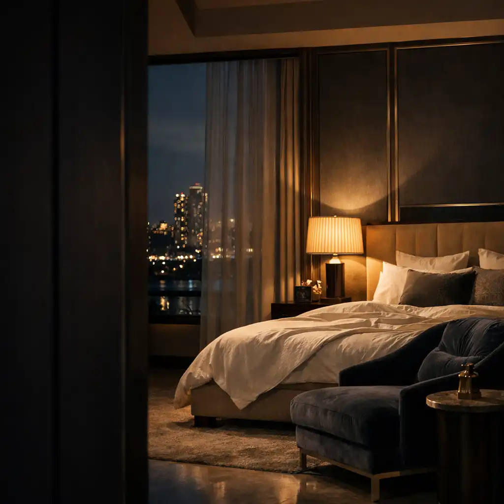 Velvet-toned luxury suite with warm lamps, plush bedding and evening light